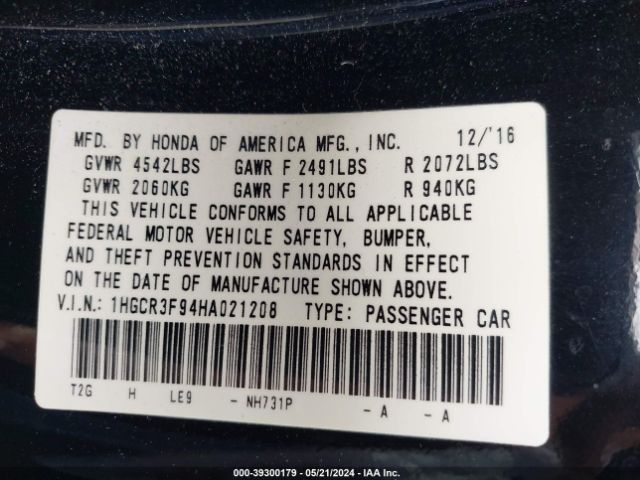 1HGCR3F94HA021208 Honda Accord Touring V6