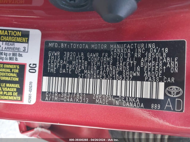 Toyota COROLLA LE 2018 2T1BURHE3JC106337 Image 9