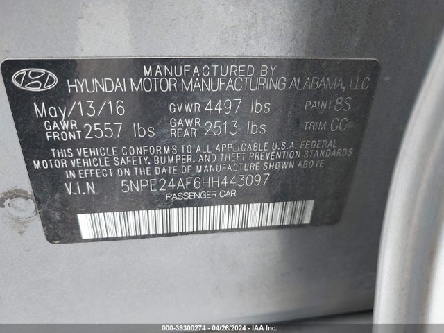 Hyundai Sonata 2017 5NPE24AF6HH443097 Image 9