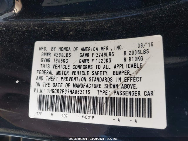 Honda ACCORD LX 2017 1HGCR2F37HA062115 Image 9