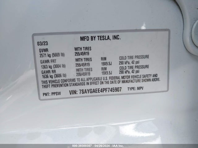 7SAYGAEE4PF745907 Tesla Model Y Awd/long Range Dual Motor All-wheel Drive
