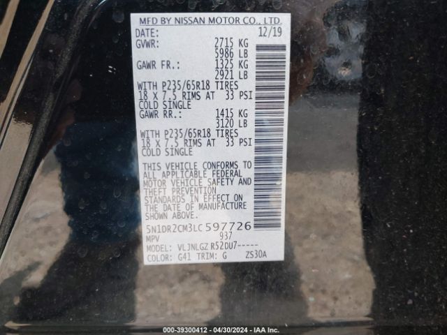 5N1DR2CM3LC597726 Nissan Pathfinder Sl 4wd