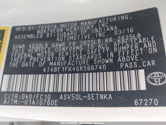 Toyota CAMRY LE 2016 4T4BF1FK4GR566740 Image 9