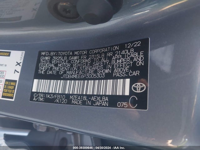 Toyota COROLLA LE 2023 JTDB4MEE6P3005303 Image 9