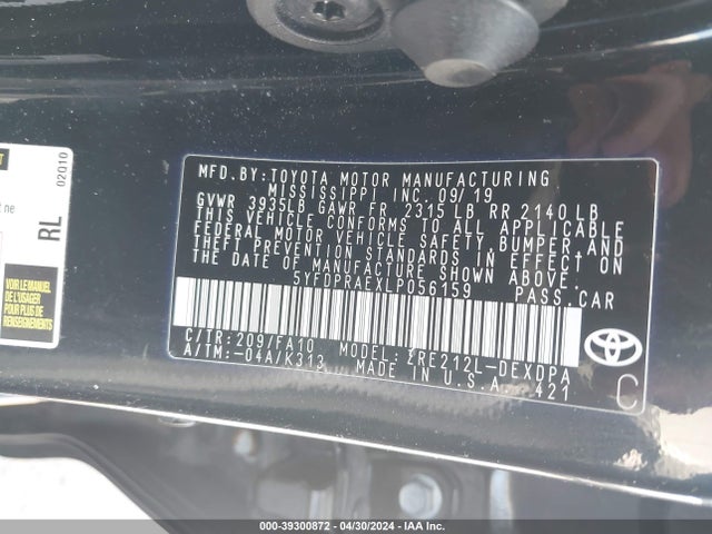 Toyota COROLLA L 2020 5YFDPRAEXLP056159 Image 9