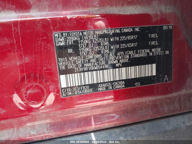 Toyota RAV4 LE 2019 2T3H1RFV0KW054498 Image 9