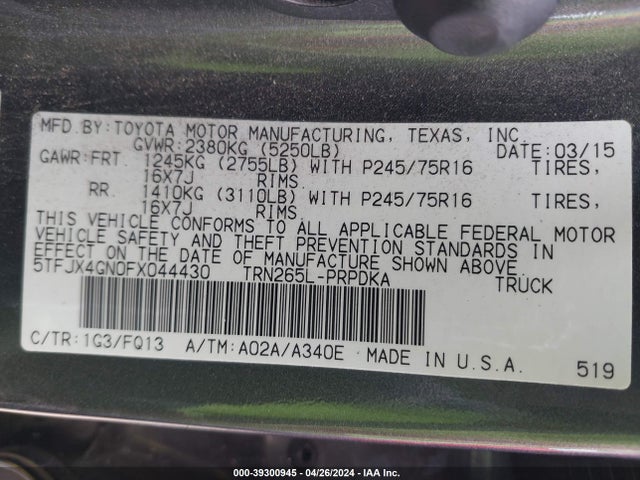 Toyota Tacoma Prerunner 2015 5TFJX4GN0FX044430 Image 9