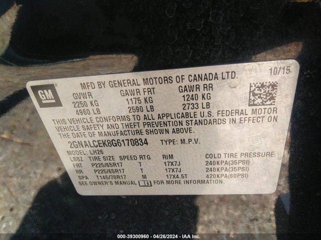 Chevrolet EQUINOX LT 2016 2GNALCEK8G6170834 Image 9