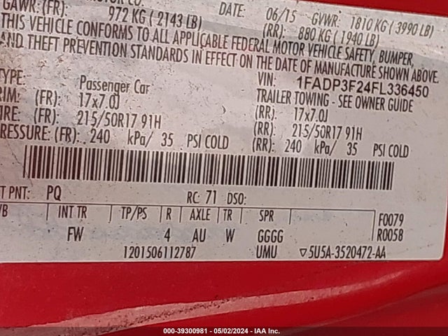 Ford FOCUS SE 2015 1FADP3F24FL336450 Image 9