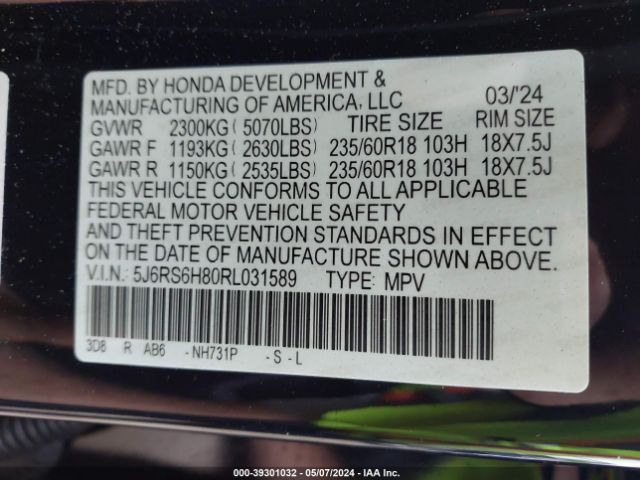 5J6RS6H80RL031589 Honda Cr-v Hybrid Sport-l