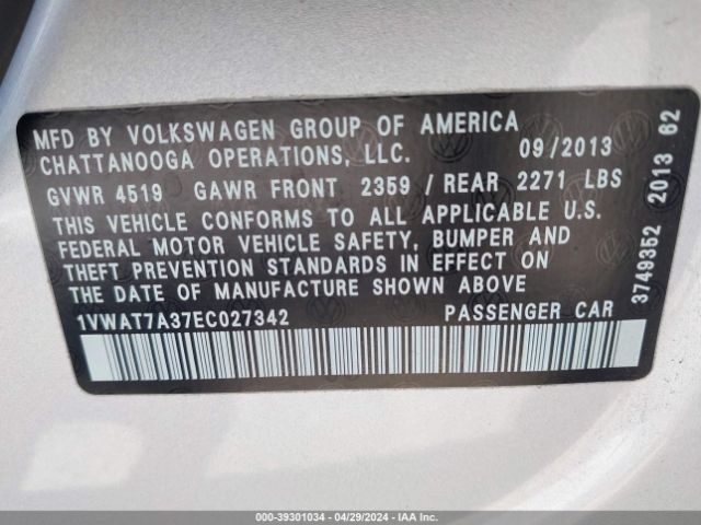 1VWAT7A37EC027342 Volkswagen Passat 1.8t Wolfsburg Edition