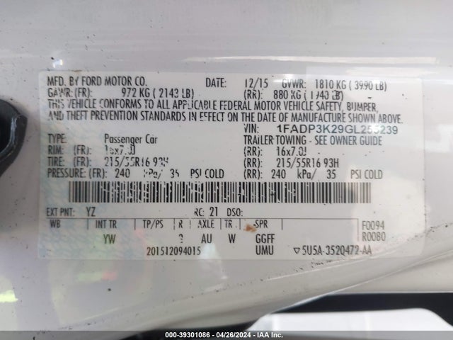 Ford FOCUS SE 2016 1FADP3K29GL255239 Image 9