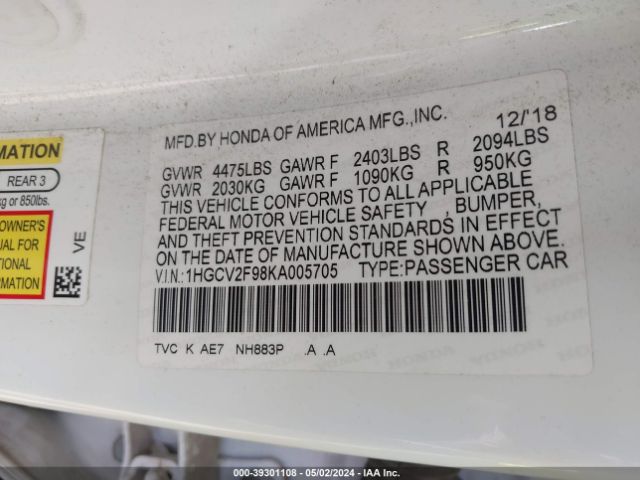 1HGCV2F98KA005705 Honda Accord Touring 2.0t