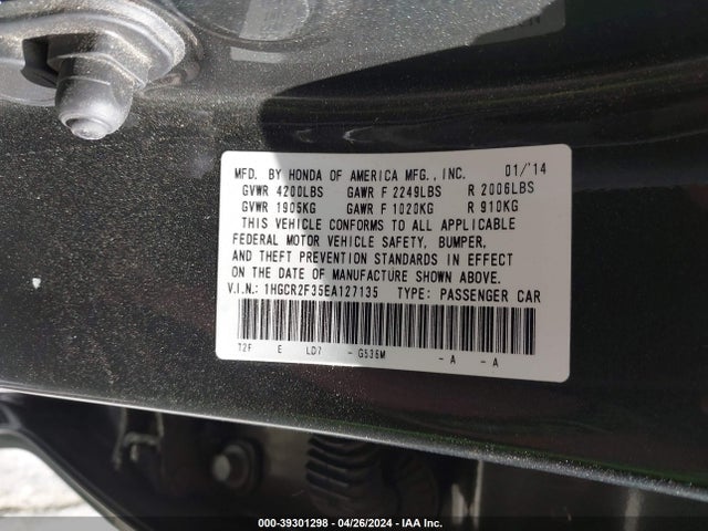 Honda ACCORD LX 2014 1HGCR2F35EA127135 Image 9