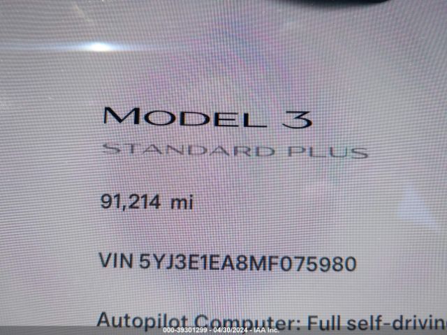 5YJ3E1EA8MF075980 Tesla Model 3 Standard Range Plus Rear-wheel Drive