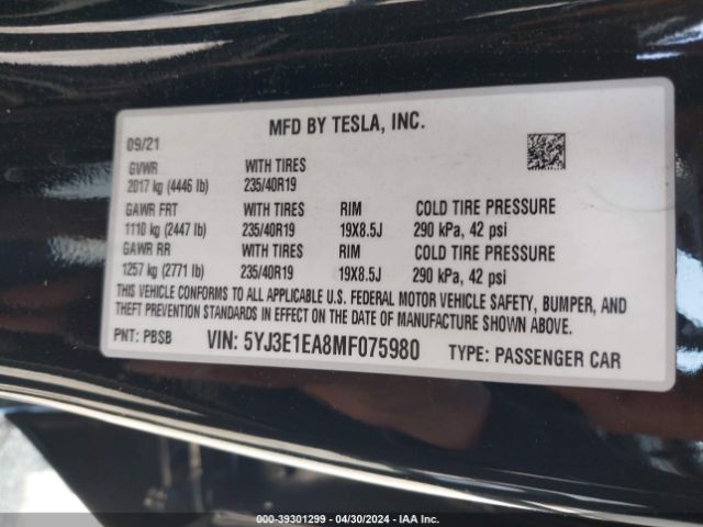 5YJ3E1EA8MF075980 Tesla Model 3 Standard Range Plus Rear-wheel Drive