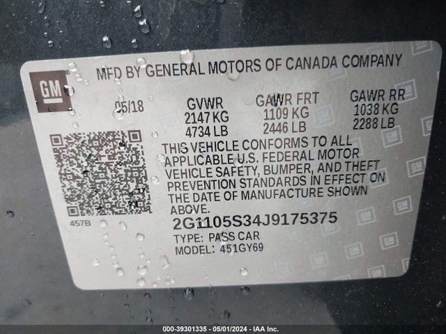 Chevrolet IMPALA 1LT 2018 2G1105S34J9175375 Image 9