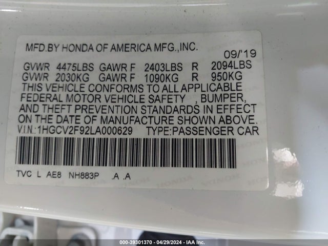 Honda Accord Touring 2020 1HGCV2F92LA000629 Image 9