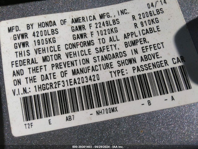 Honda ACCORD LX 2014 1HGCR2F31EA203420 Image 9