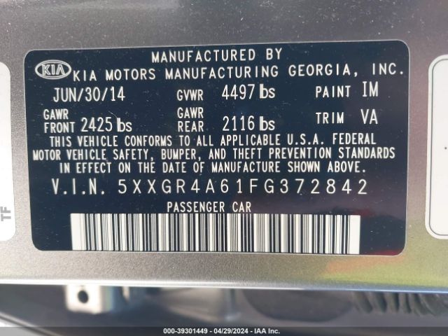 5XXGR4A61FG372842 KIA Optima Sxl Turbo