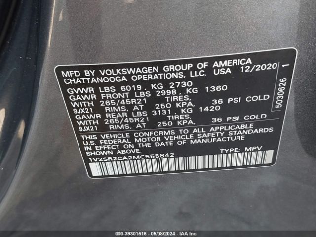 1V2SR2CA2MC555842 Volkswagen Atlas 3.6l V6 Sel R-line