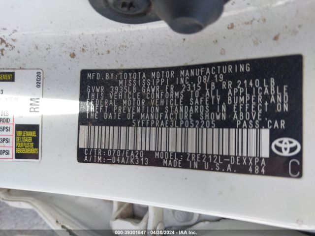 5YFFPRAE3LP052205 Toyota Corolla Xle