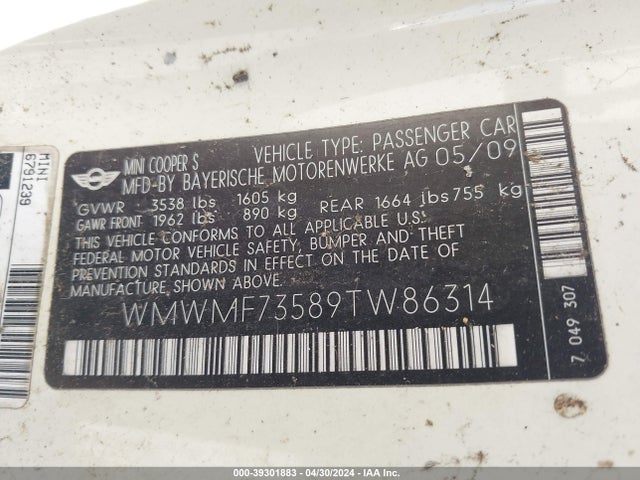 2009 MINI COOPER S WMWMF73589TW86314 Photo 8