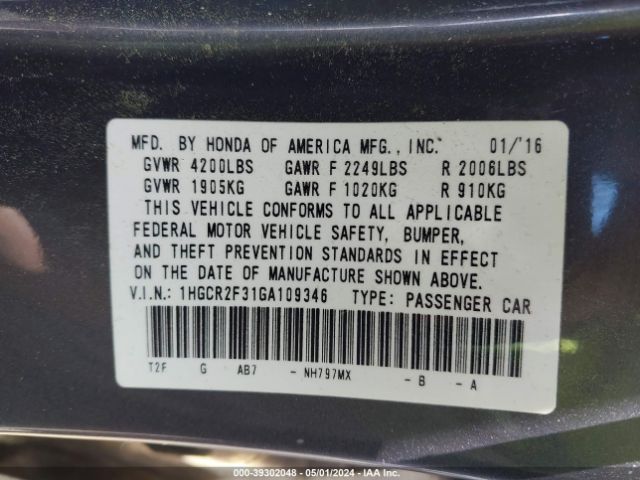1HGCR2F31GA109346 Honda ACCORD LX