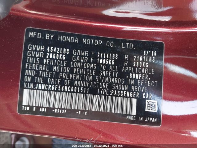 JHMCR6F54HC001511 Honda Accord Hybrid Ex-l