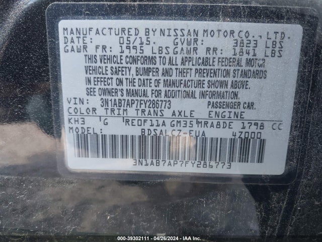 Nissan SENTRA S 2015 3N1AB7AP7FY286773 Image 9