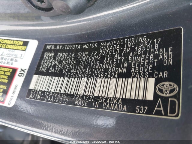 Toyota COROLLA L 2018 2T1BURHE7JC967424 Image 9