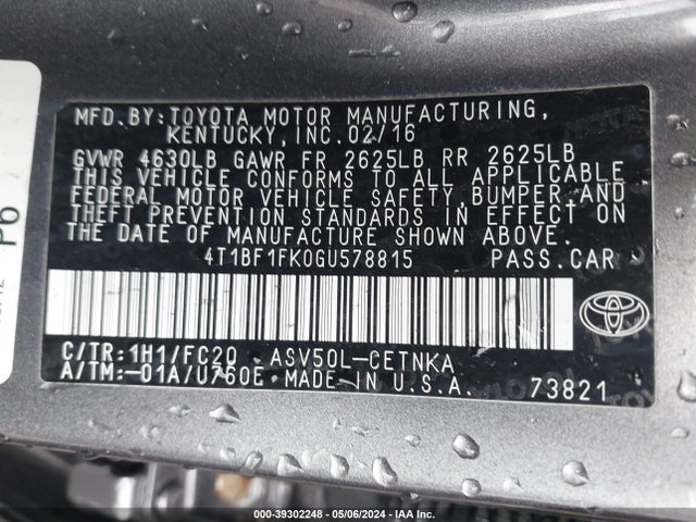 Toyota CAMRY LE 2016 4T1BF1FK0GU578815 Image 9