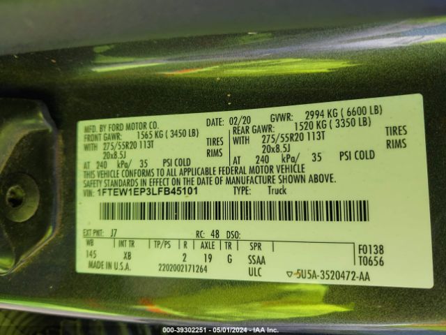 1FTEW1EP3LFB45101 Ford F-150 Xlt