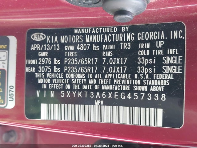 KIA SORENTO LX 2014 5XYKT3A6XEG457338 Image 9