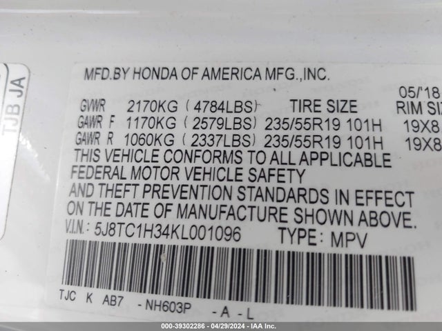 5J8TC1H34KL001096 Acura Rdx Standard