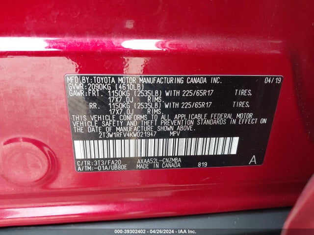 Toyota Rav4 Xle 2019 2T3W1RFV4KW021947 Image 9