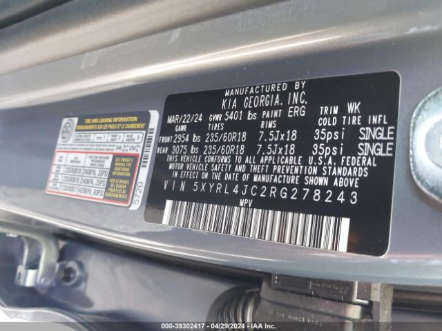 5XYRL4JC2RG278243 KIA SORENTO S
