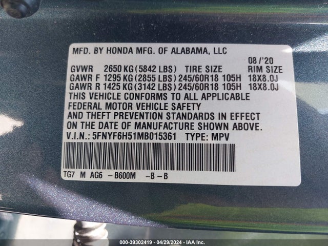 Honda Pilot Awd Ex-l 2021 5FNYF6H51MB015361 Image 9