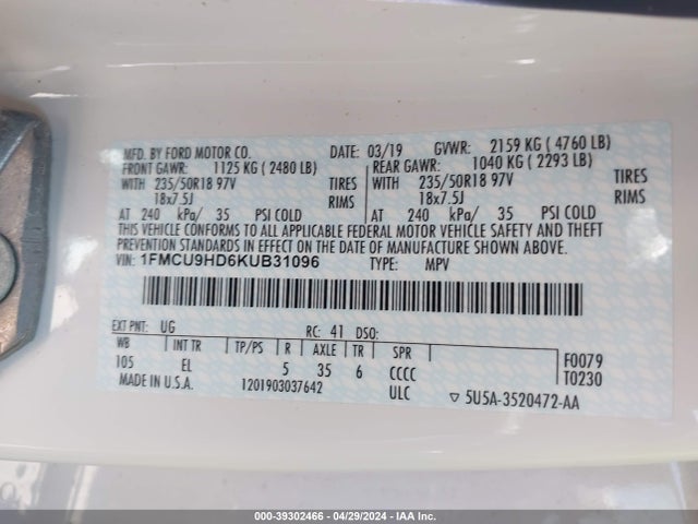 Ford ESCAPE SEL 2019 1FMCU9HD6KUB31096 Image 9