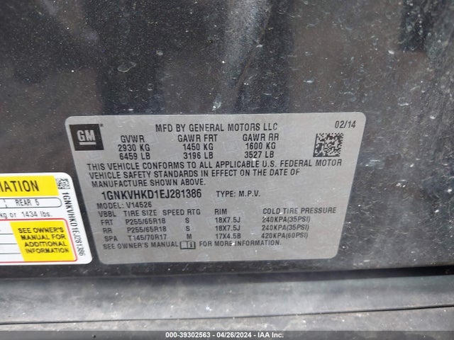 Chevrolet Traverse 2lt 2014 1GNKVHKD1EJ281386 Image 9
