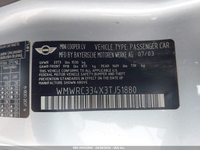 2003 MINI COOPER WMWRC334X3TJ51880 Photo 8