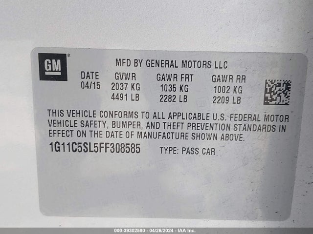 Chevrolet MALIBU 1LT 2015 1G11C5SL5FF308585 Image 9