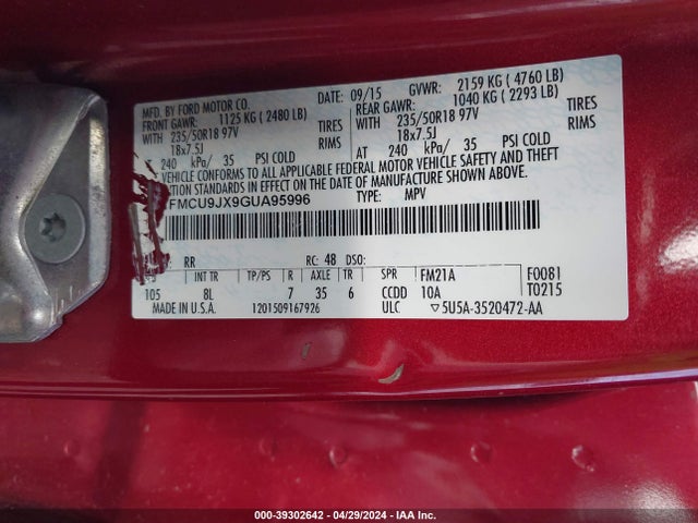 Ford Escape Titanium 2016 1FMCU9JX9GUA95996 Image 9