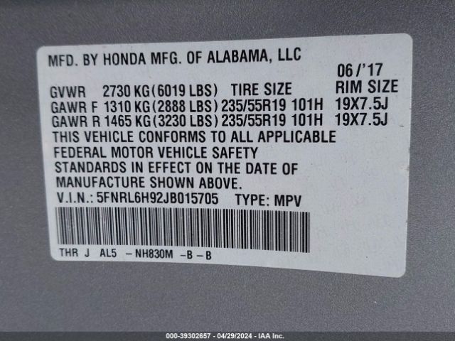 5FNRL6H92JB015705 Honda Odyssey Elite