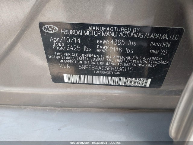 Hyundai SONATA GLS 2014 5NPEB4AC5EH930115 Image 9
