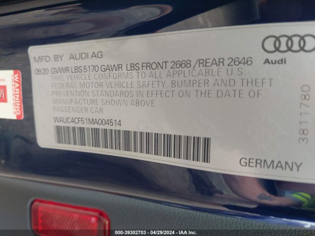 WAUC4CF51MA004514 Audi S5 Sportback Premium Plus Tfsi Quattro Tiptronic