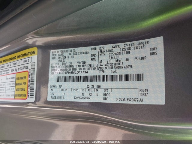 Ford RANGER XL 2021 1FTER1FH9MLD14734 Image 9
