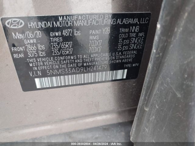 5NMS33AD9LH241479 Hyundai Santa Fe Sel