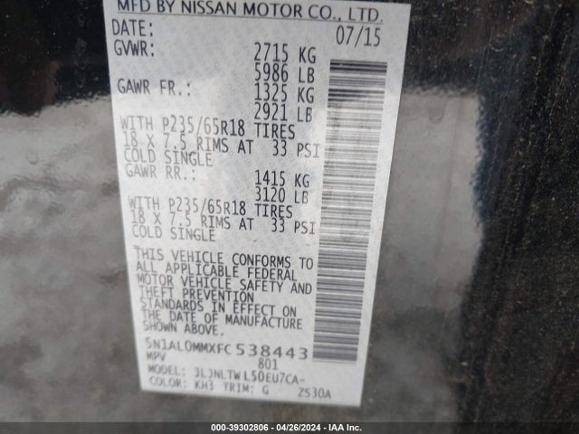 5N1AL0MMXFC538443 Infiniti QX60