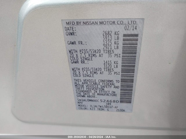 5N1AL0MNXEC524680 Infiniti QX60